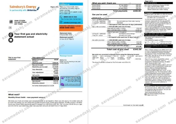United Kingdom Sainsbury’s Energy (British Gas) bill, Word and PDF template, 3 pages 1 2